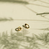 Two small gold hoop-style earrings resting on a warm beige surface with soft shadows cast across the scene.