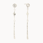 White gold earrings with round diamond stud, star shaped pendant and molten drop detail  on a white background