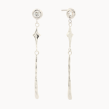 White gold earrings with round diamond stud, star shaped pendant and molten drop detail  on a white background