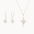 silver-toned white gold jewelry set with an open star diamond necklace and diamond hook earrings on a white background