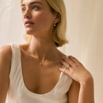 blonde model wearing scoop neck wedding dress, green sapphire ring and diamond earring and necklace set