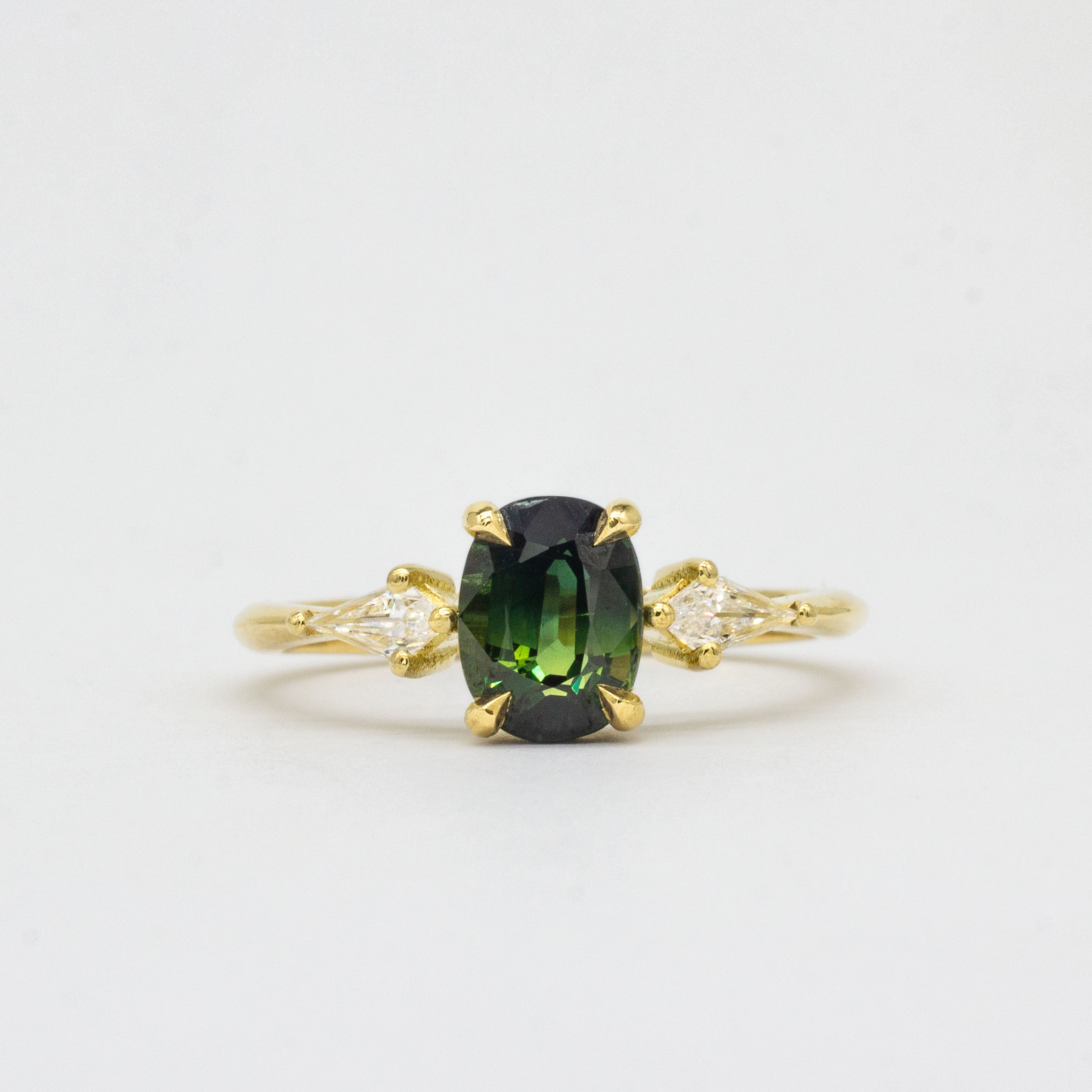 Oval Blue/Green Sapphire Engagement Ring with Kite Diamonds