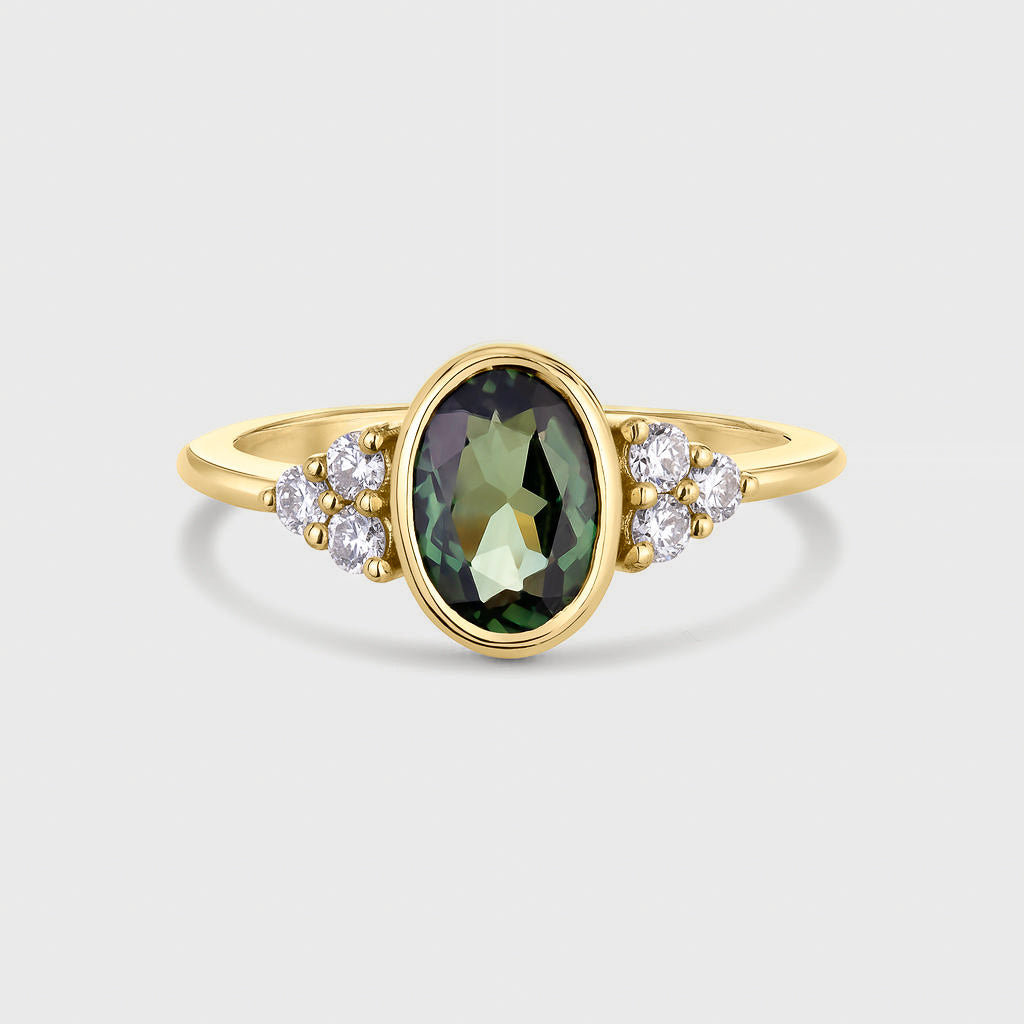 Oval Green Sapphire Diamond Cluster Engagement Ring