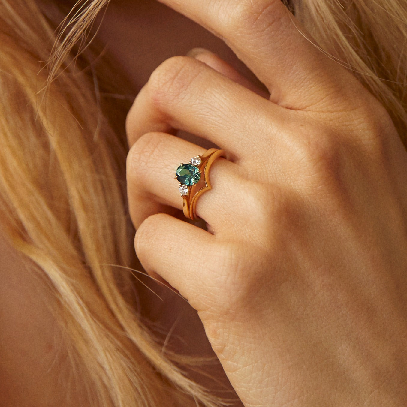 Peacock Blue/Green Oval Sapphire Engagement Ring with Round Diamonds