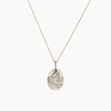 Silver scorpio necklace with a detailed oval pendant on a white background