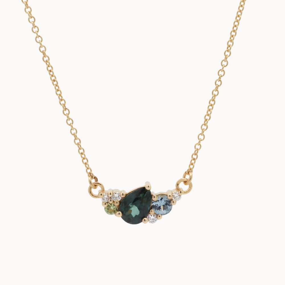 Gold necklace with green and blue sapphires and diamonds