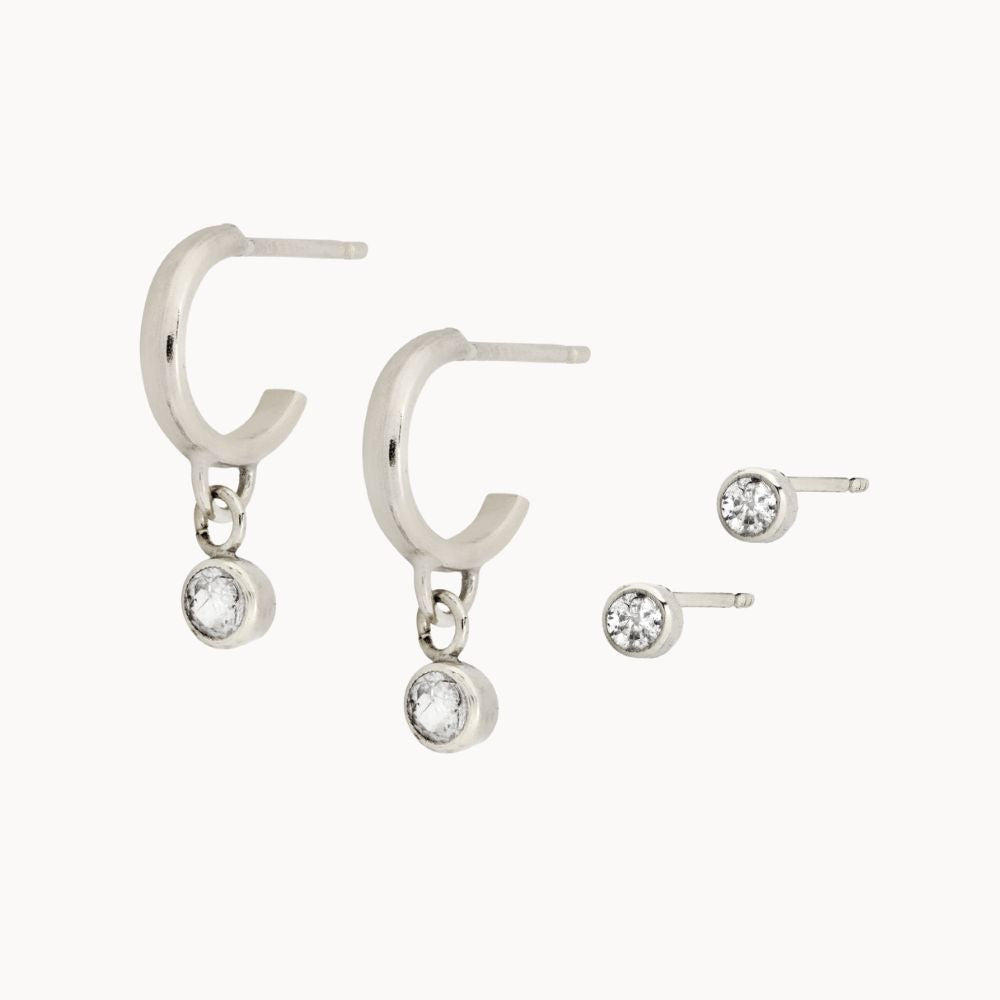 Silver Dainty Diamond Earring Set