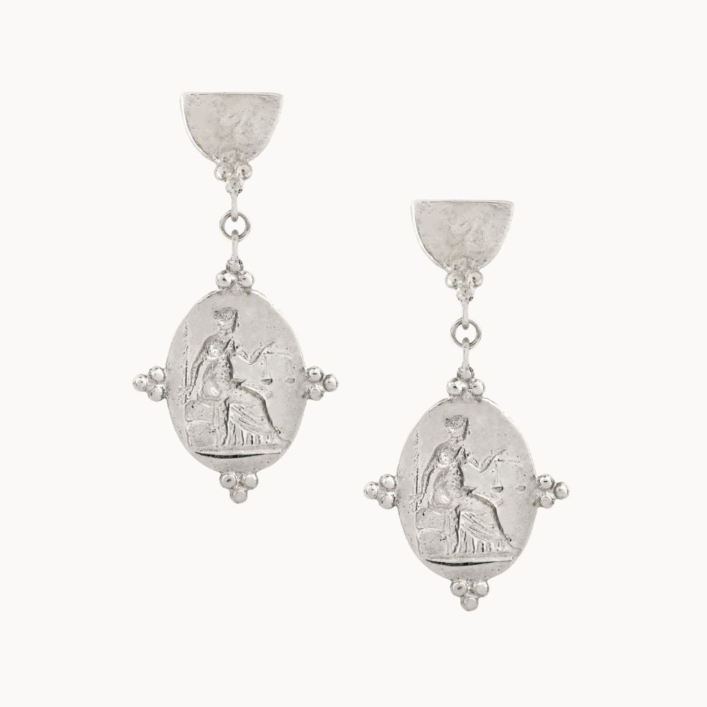 Silver Goddess Themis Drop Stud Earrings