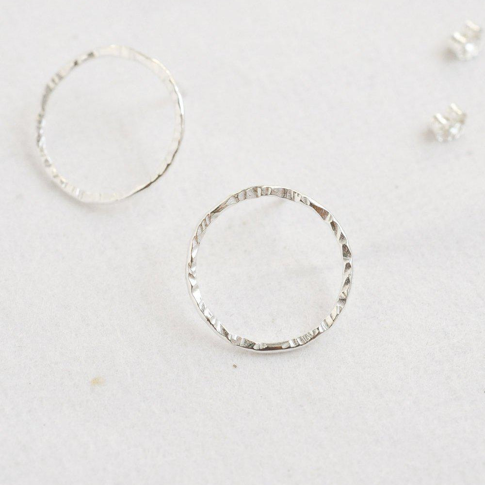 Silver Hammered Large Circle Stud Earrings