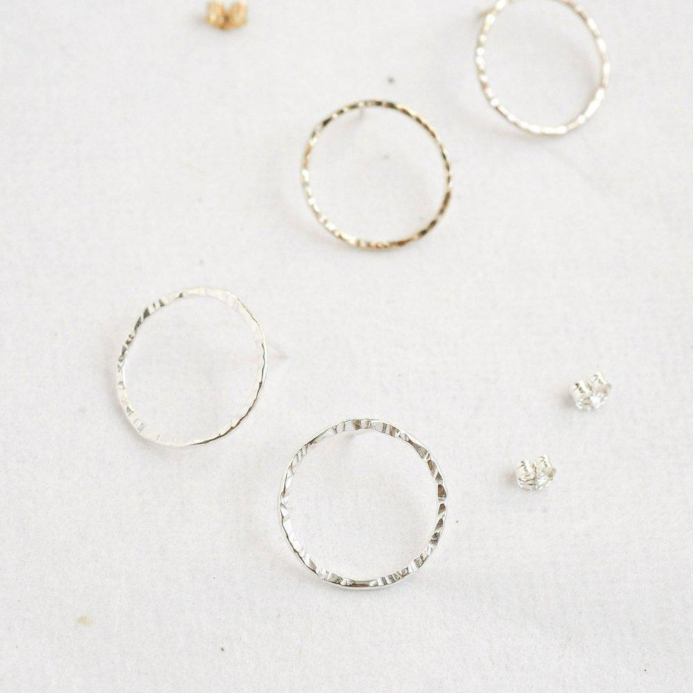 Silver Hammered Large Circle Stud Earrings
