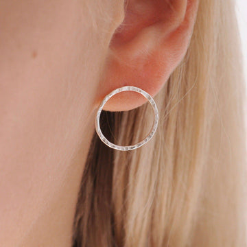 Silver Hammered Large Circle Stud Earrings