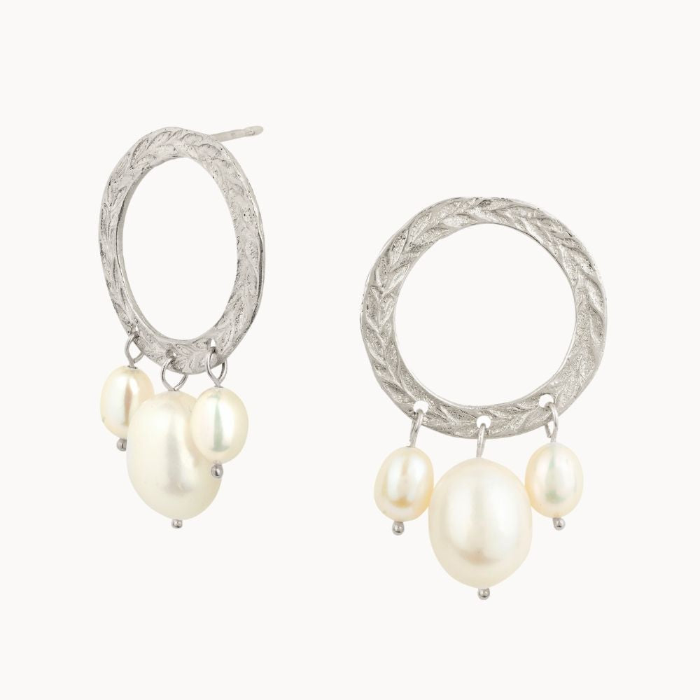 Silver Laurel Wreath Pearl Stud Earrings