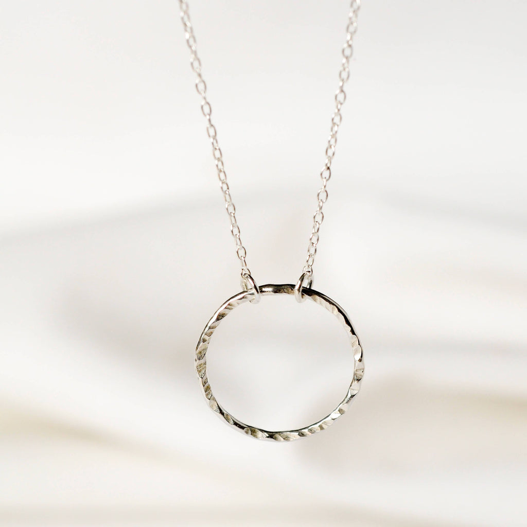 Silver Open Hammered Circle Pendant Necklace