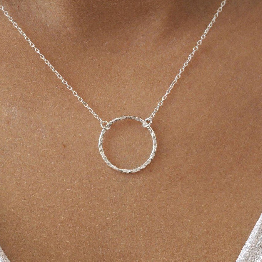 Silver Open Hammered Circle Pendant Necklace