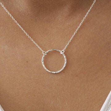 Silver Open Hammered Circle Pendant Necklace