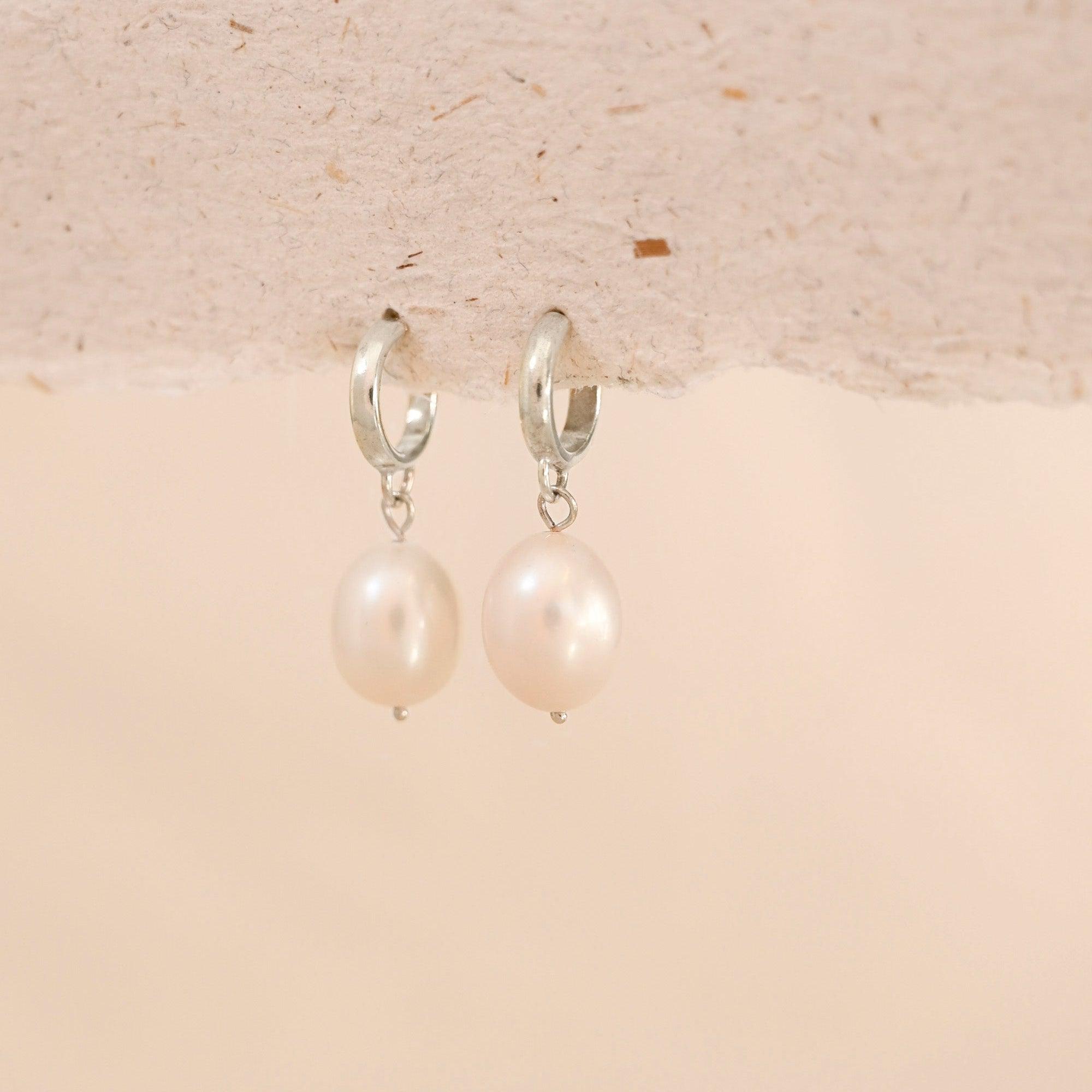 Silver Pearl Drop Huggie Hoop Earrings