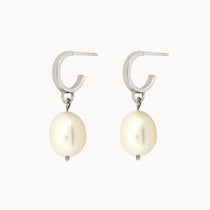 Silver Pearl Drop Huggie Hoop Earrings