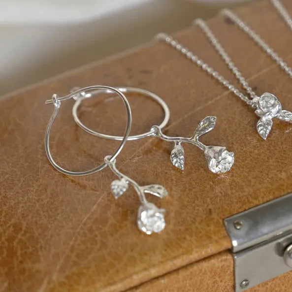 Silver 'Roses Are Red' Stem Hoop Earrings
