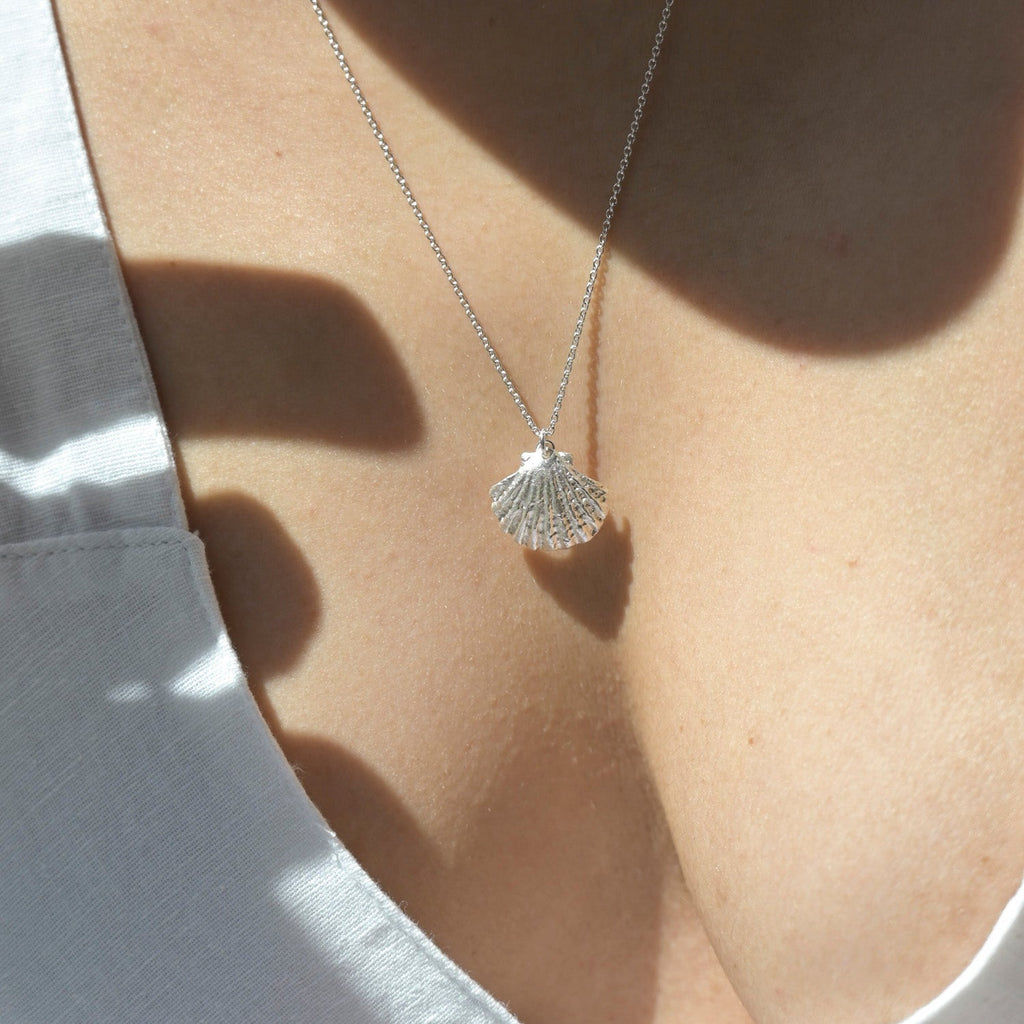 Silver Seashell Pearl Pendant Necklace
