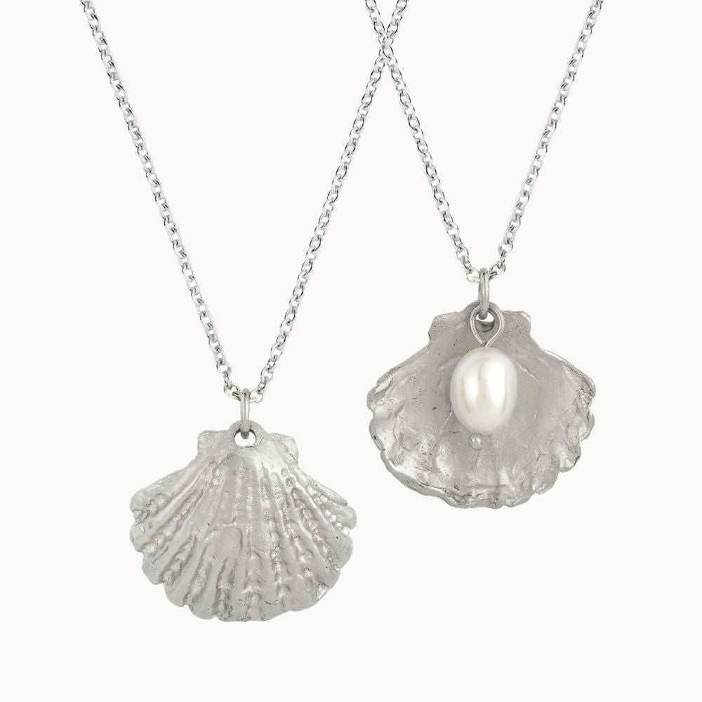 Silver Seashell Pearl Pendant Necklace