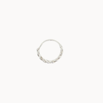 Silver helix hoop earring with a twisted design on a white background