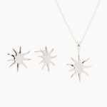 Silver sun-shaped pendant necklace and stud earrings on a white background