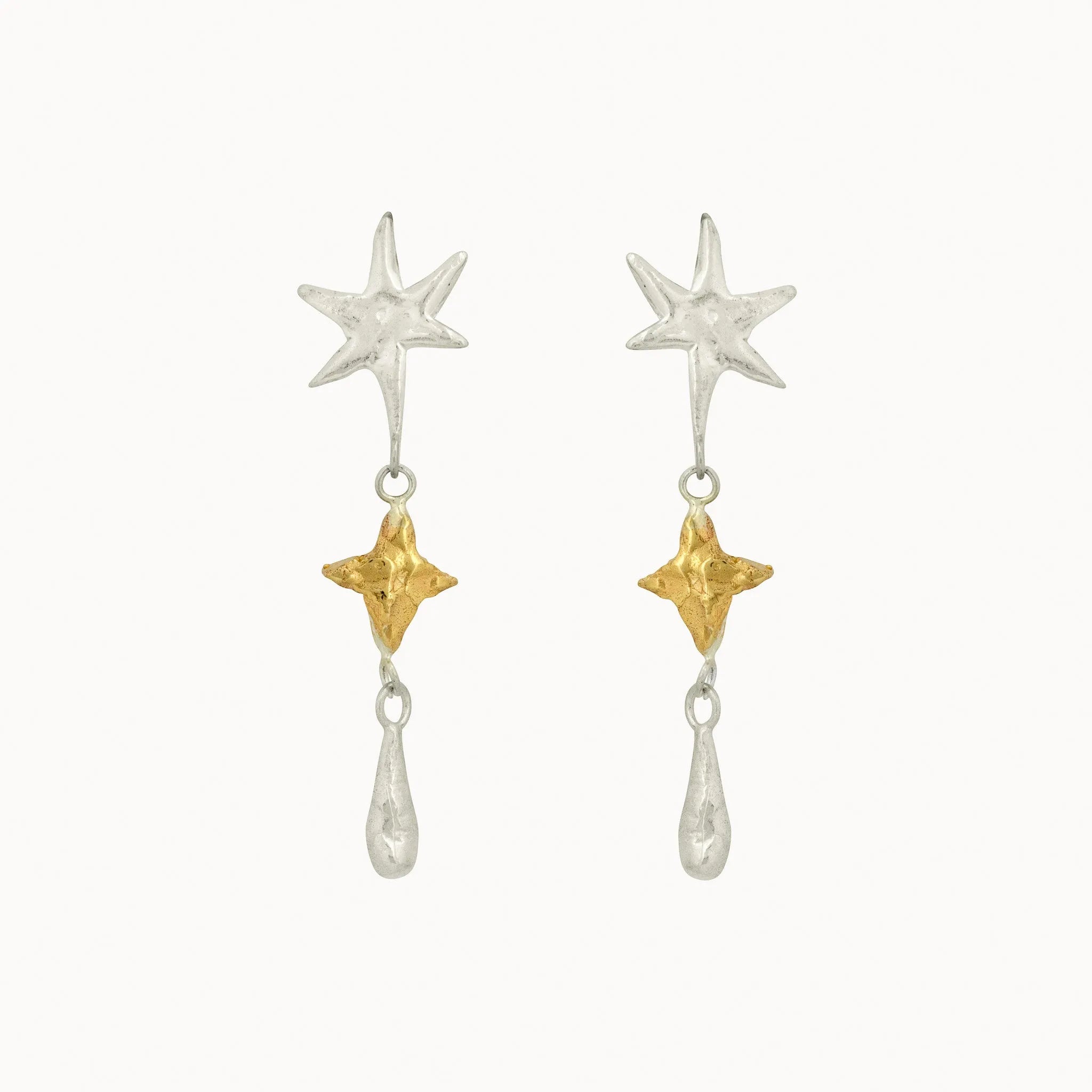 dangle earrings with silver and gold star shaped pendants on a white background