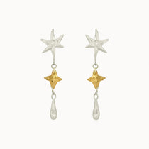 dangle earrings with silver and gold star shaped pendants on a white background