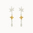 dangle earrings with silver and gold star shaped pendants on a white background