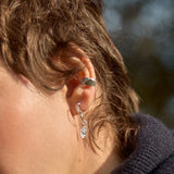 Close-up of a person wearing earrings with a blurred natural background