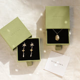 gold aquarius necklace and star earrings in green boxes