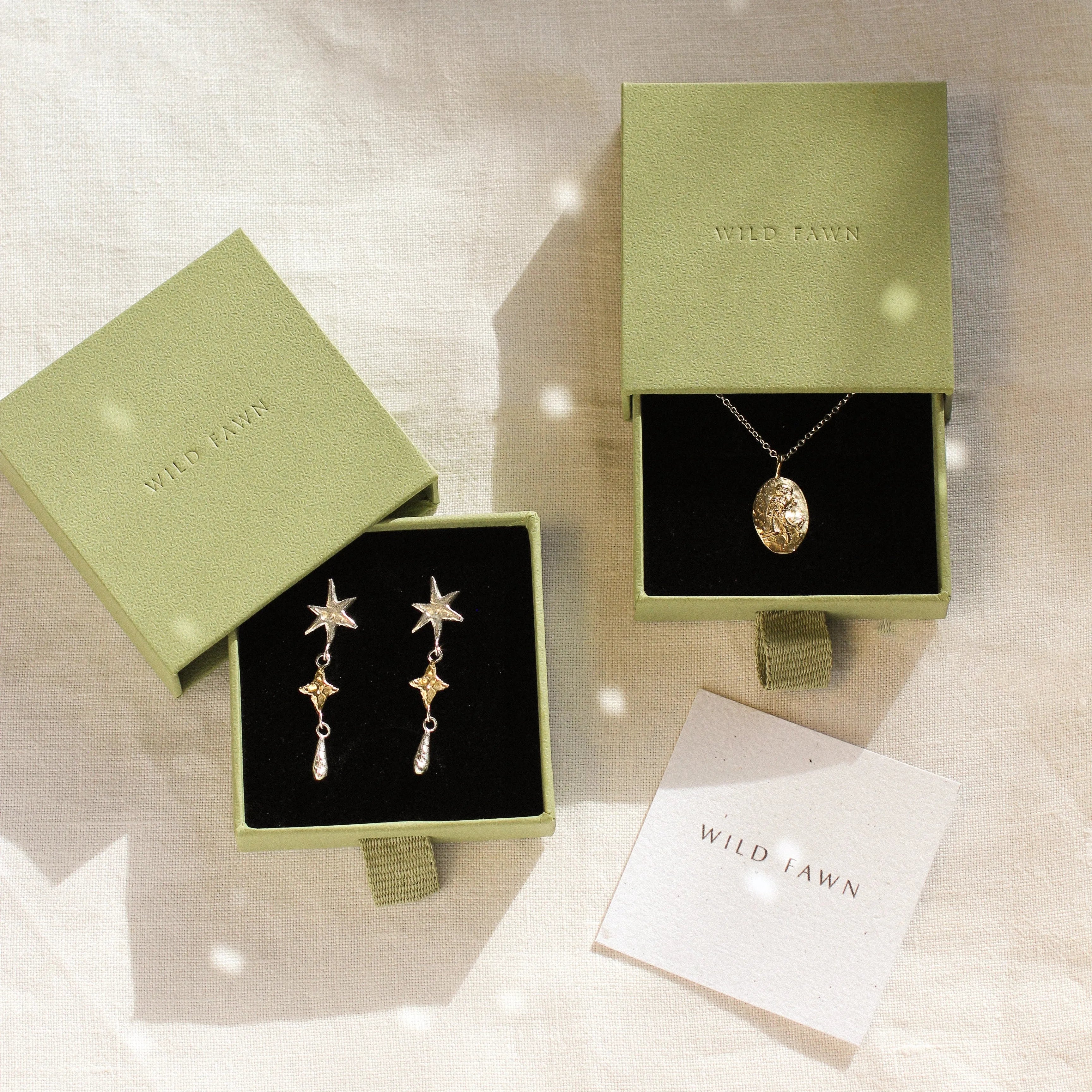 gold aquarius necklace and star earrings in green boxes