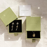gold capricorn necklace and star earrings in green wild fawn boxes