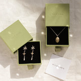 gold gemini necklace and shooting star dangle earrings in green boxes and wild fawn care card