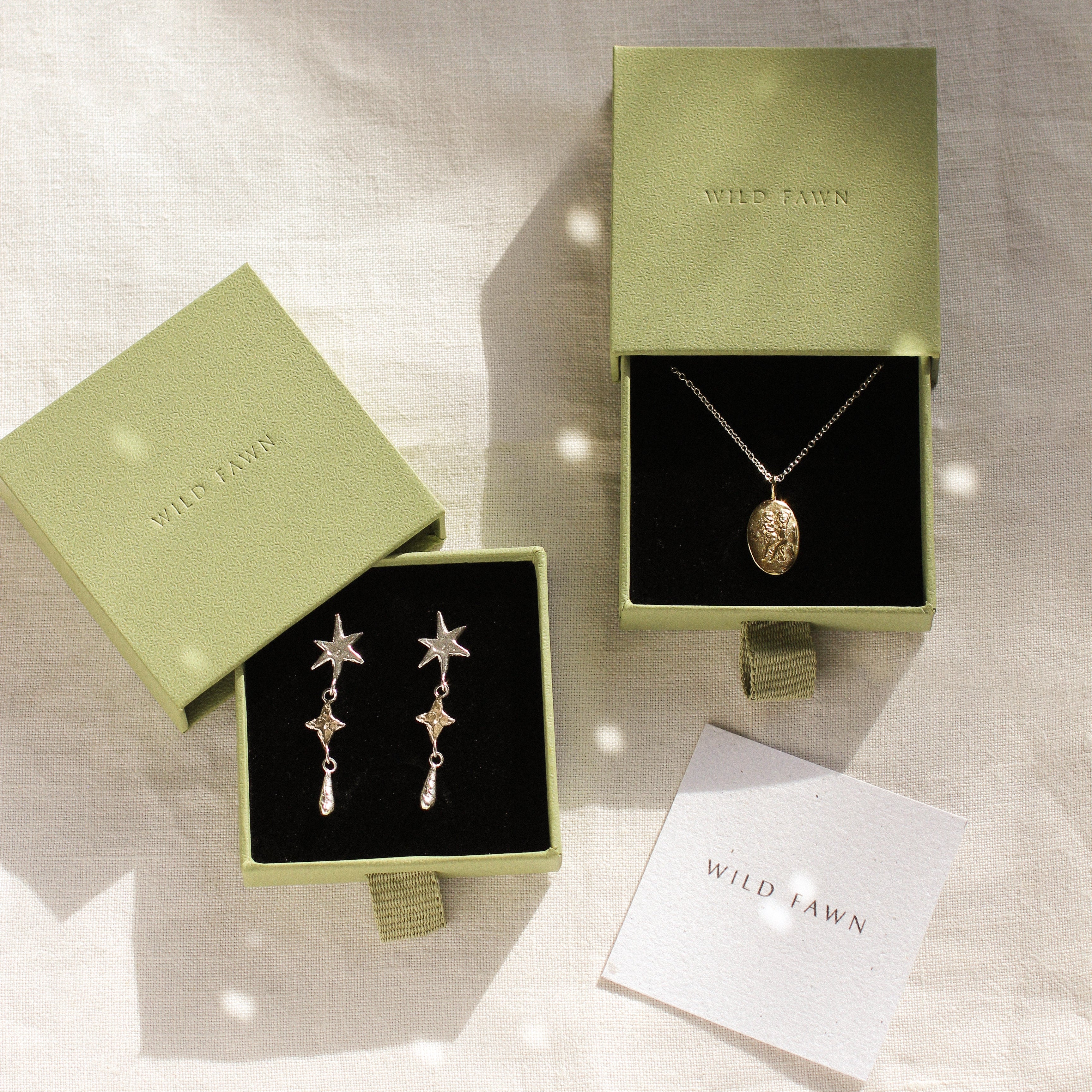 gold gemini necklace and shooting star dangle earrings in green boxes and wild fawn care card