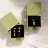 gold gemini necklace and shooting star dangle earrings in green boxes and wild fawn care card