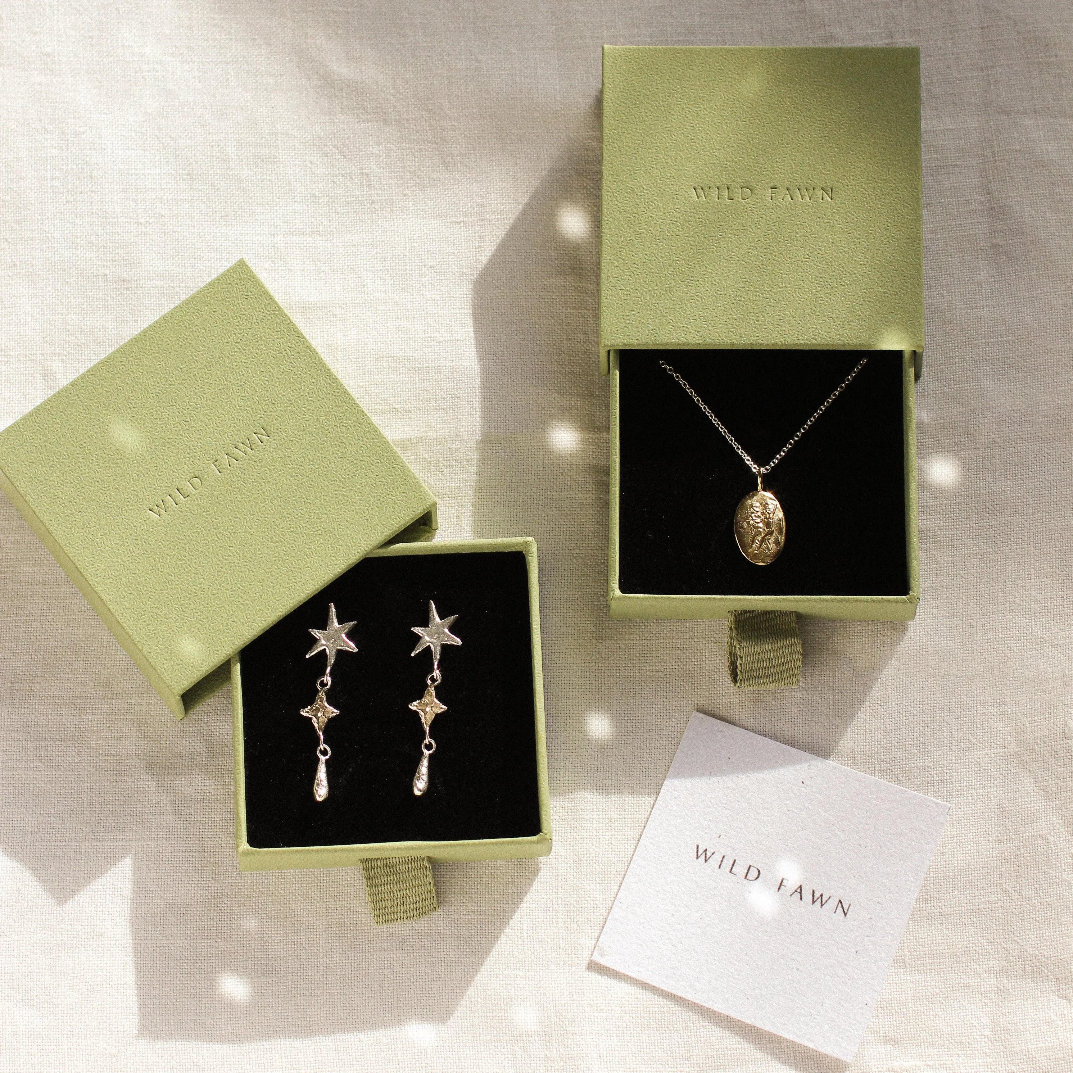 gold gemini necklace and shooting star dangle earrings in green boxes and wild fawn care card