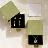 gold leo necklace and star earrings in green boxes
