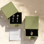 gold pisces necklace and star earrings in green boxes with wild fawn care card