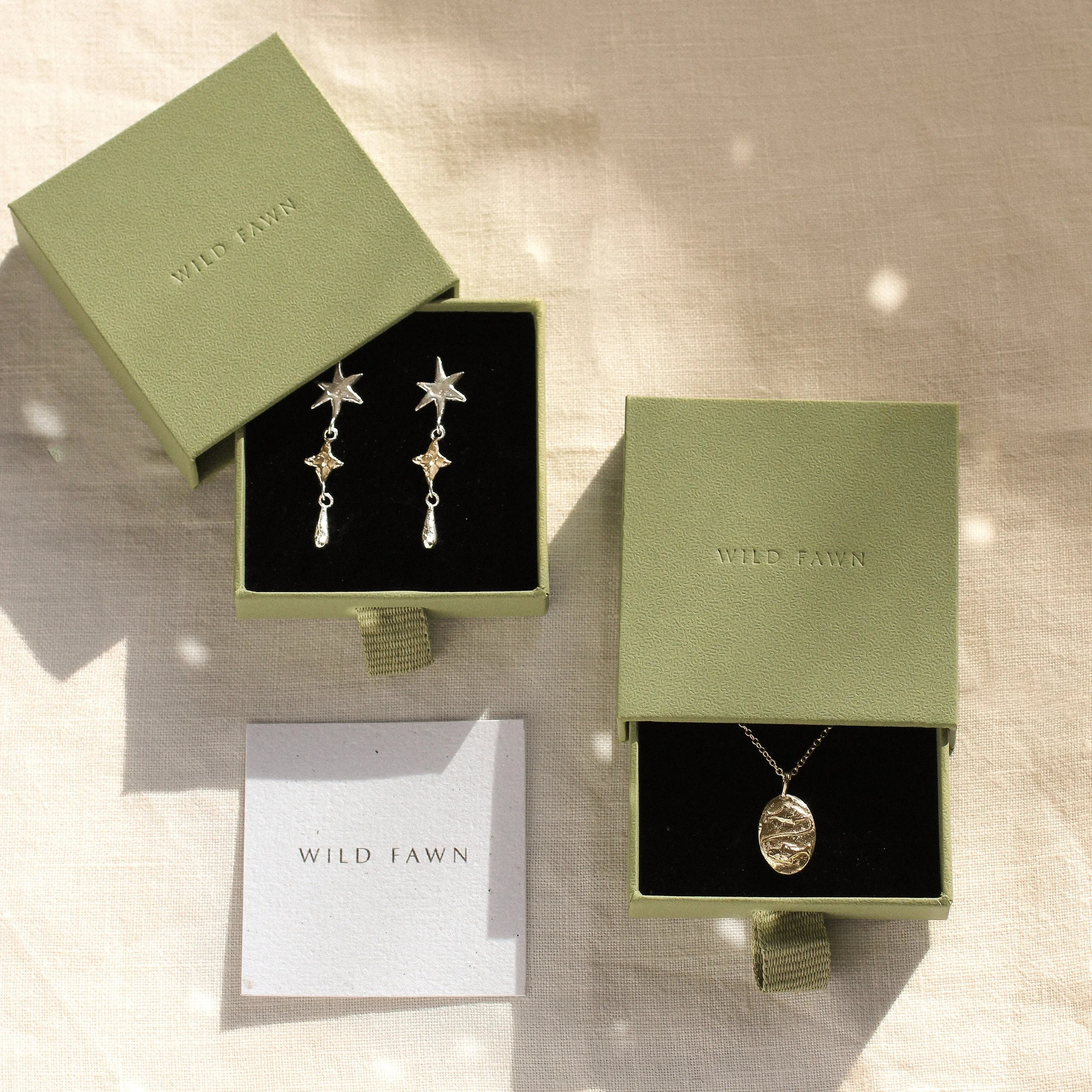 gold pisces necklace and star earrings in green boxes with wild fawn care card
