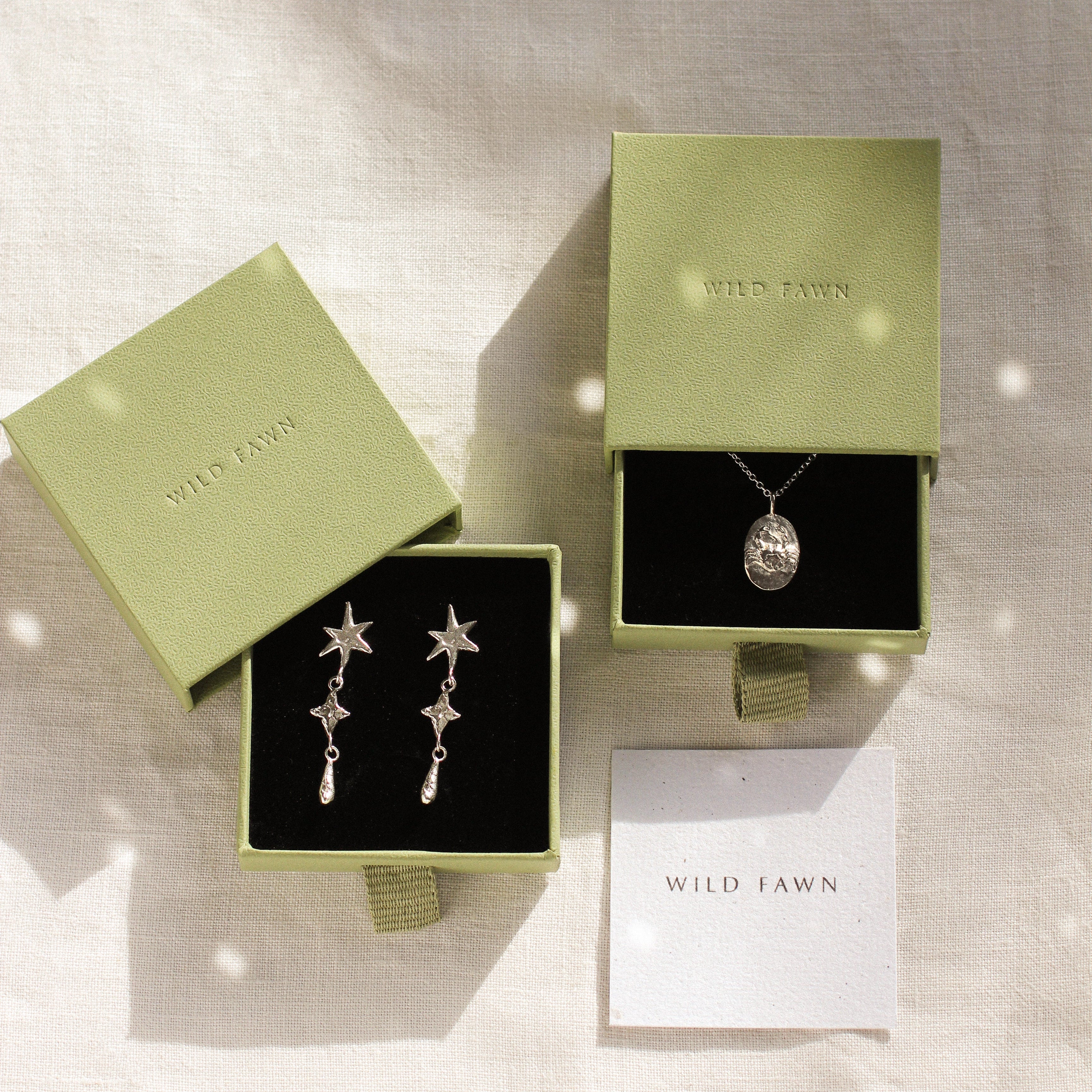 silver cancer star sign necklace, star earrings in green boxes