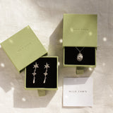 silver cancer star sign necklace, star earrings in green boxes