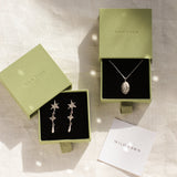 silver gemini necklace and shooting star earrings in green boxes with wild fawn care card