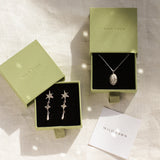silver gemini necklace and shooting star earrings in green boxes with wild fawn care card