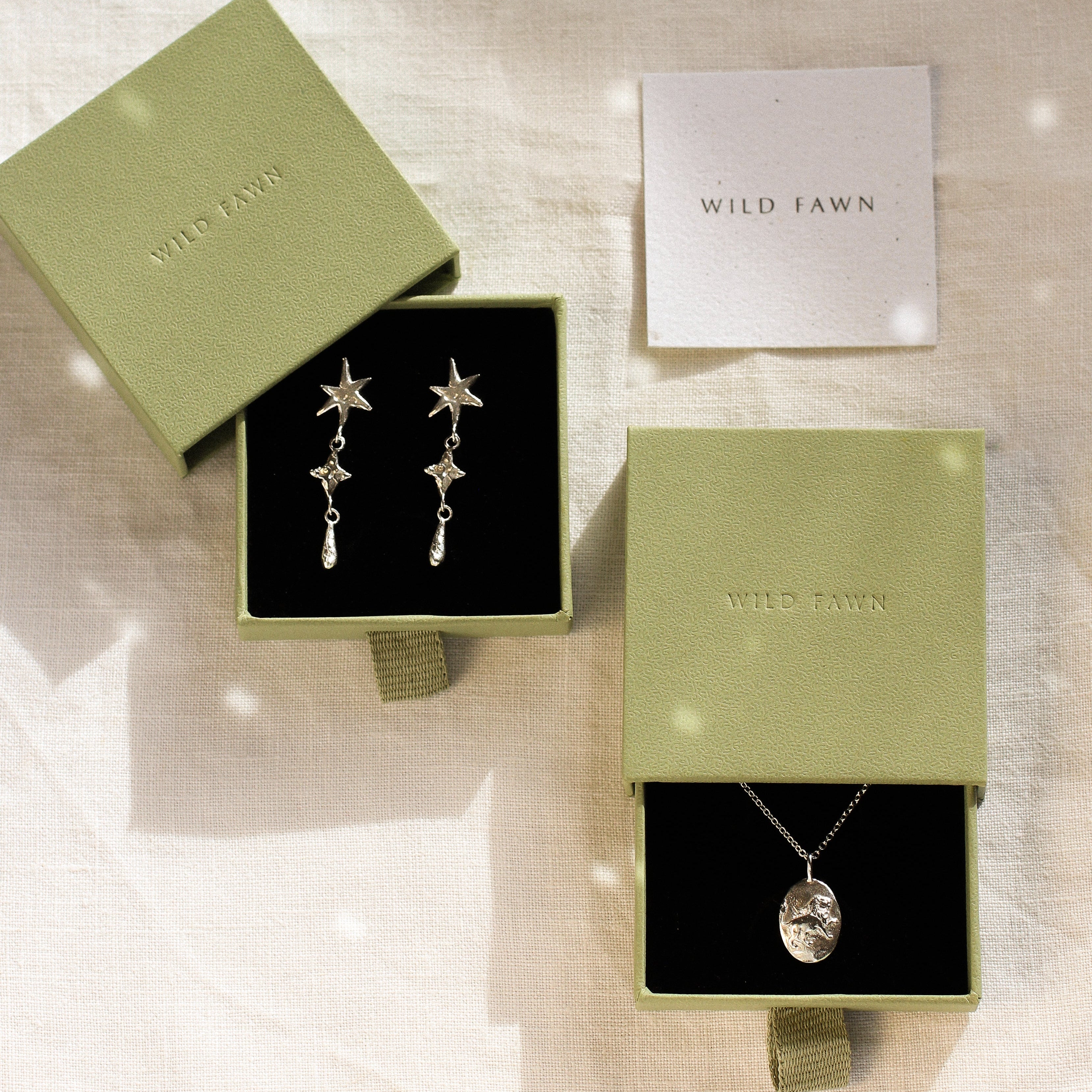 Jewelry set with earrings and a leo necklace in 'Wild Fawn' green boxes on a textured surface.