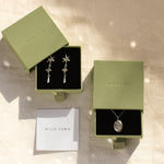 silver pisces necklace and star earrings in green gift boxes and wild fawn care card