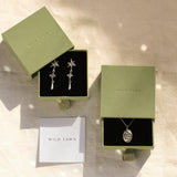 silver pisces necklace and star earrings in green gift boxes and wild fawn care card