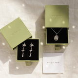 silver sagittarius necklace and shooting star earrings in green gift boxes are wild fawn care card