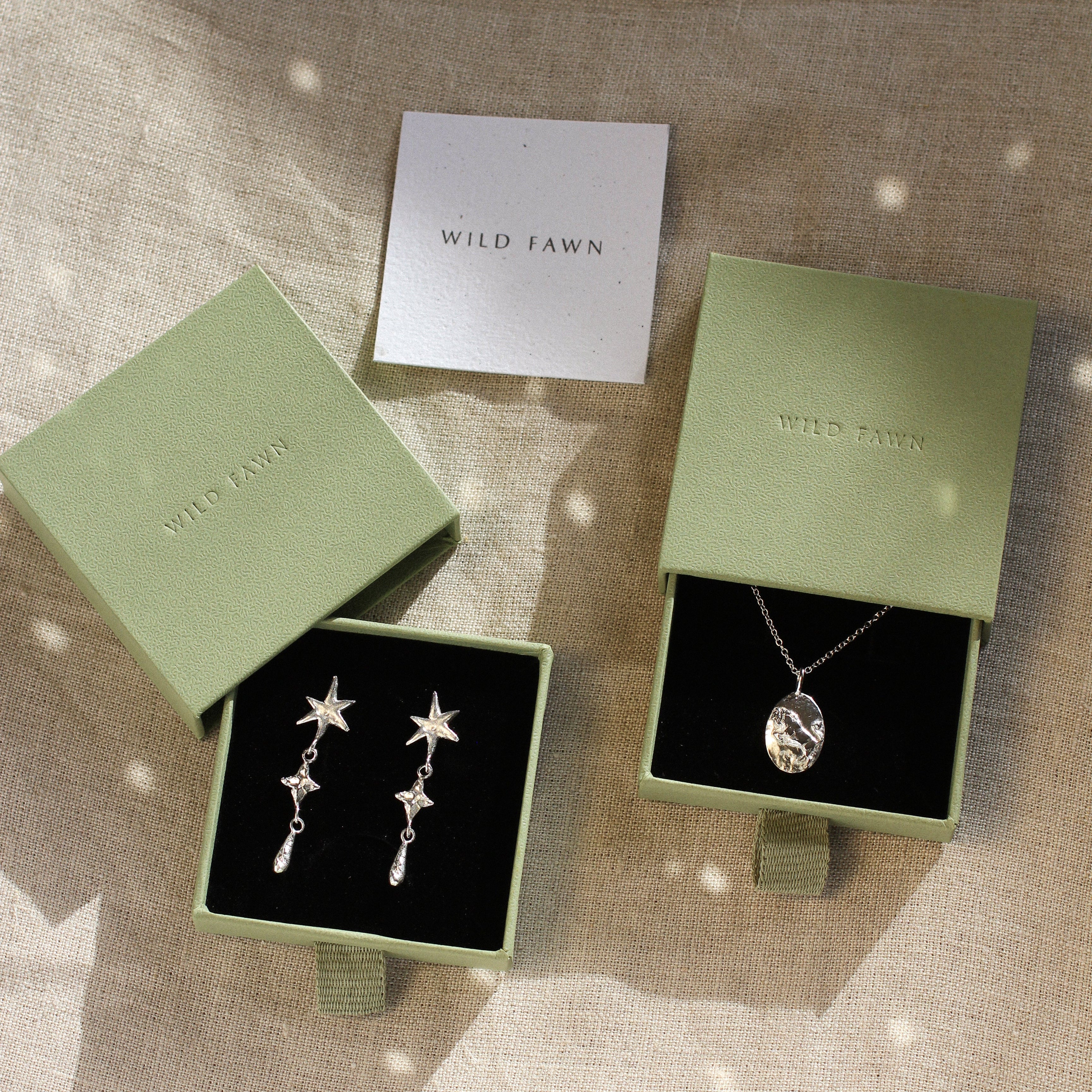 silver taurus necklace and dangle earrings in green box with wild fawn care card