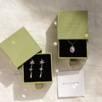 silver virgo necklace and star earrings in green wild fawn boxes